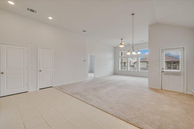136 Gamble St, Buda, TX 78610 - unfurnished room featuring a chandelier, light carpet, vaulted ceiling, and recessed lighting