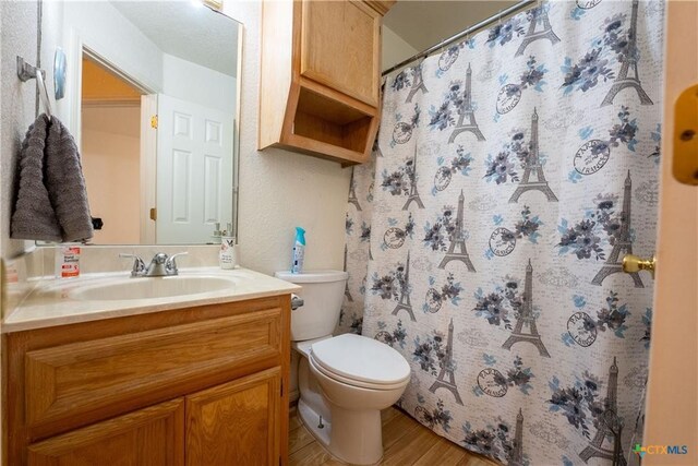 bathroom featuring toilet, a shower with curtain, vanity, and wood finished floors