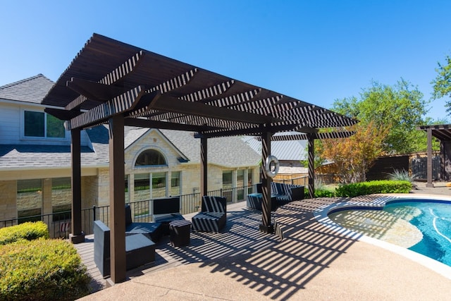 view of pool featuring a pergola, a fenced in pool, a patio area, and a fenced backyard