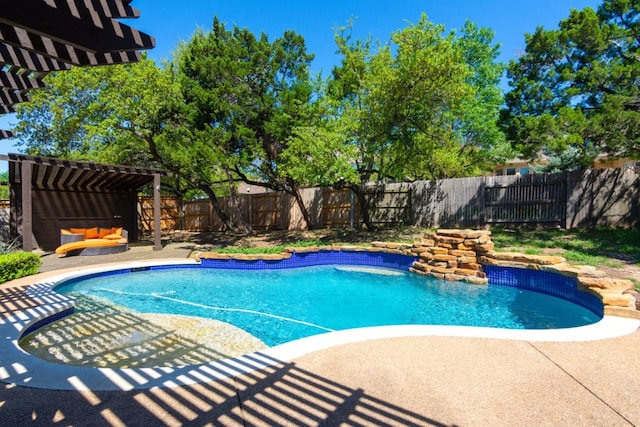 view of swimming pool featuring a fenced backyard, a pergola, a patio area, and a fenced in pool