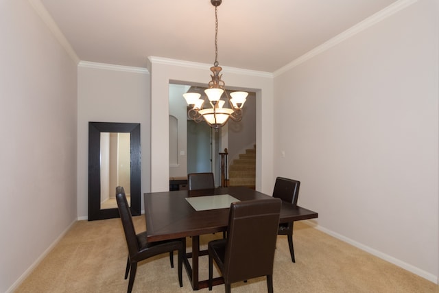 171 Brighton Ln, Austin, TX 78737 - dining space featuring stairs, a chandelier, ornamental molding, light carpet, and arched walkways