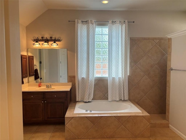 171 Brighton Ln, Austin, TX 78737 - full bathroom with a garden tub, vanity, and tile patterned floors