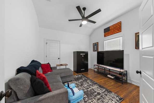 213 Pecan Meadow Ln, Harker Heights, TX 76513 - living room featuring lofted ceiling, wood finished floors, and ceiling fan