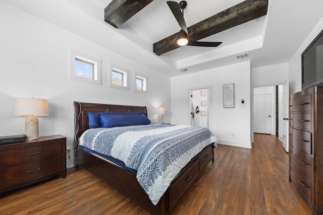 213 Pecan Meadow Ln, Harker Heights, TX 76513 - bedroom featuring ceiling fan, visible vents, a raised ceiling, baseboards, and dark wood-style floors