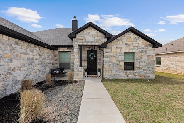213 Pecan Meadow Ln, Harker Heights, TX 76513 - view of front of house with a chimney, a shingled roof, stone siding, and a front lawn