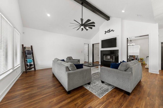 213 Pecan Meadow Ln, Harker Heights, TX 76513 - living area featuring dark wood-type flooring, beamed ceiling, baseboards, and ceiling fan with notable chandelier