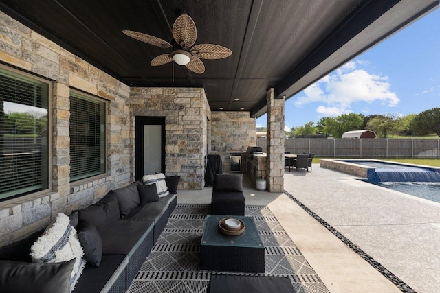 213 Pecan Meadow Ln, Harker Heights, TX 76513 - view of patio / terrace with a fenced in pool, outdoor lounge area, an outdoor hot tub, a fenced backyard, and ceiling fan