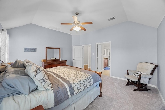 bedroom featuring visible vents, vaulted ceiling, and carpet floors