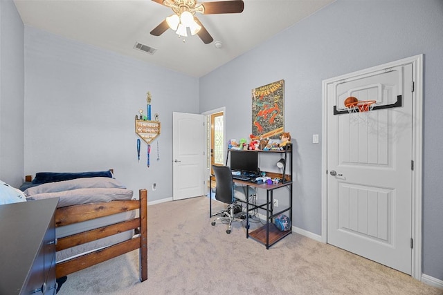 carpeted bedroom with ceiling fan, baseboards, and visible vents