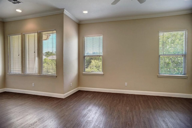 159 Alele Dr, Bastrop, TX 78602 - empty room featuring dark wood-type flooring, healthy amount of natural light, ceiling fan, crown molding, and recessed lighting