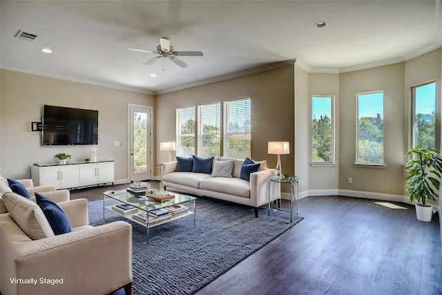 159 Alele Dr, Bastrop, TX 78602 - living area with a ceiling fan, wood finished floors, recessed lighting, and ornamental molding