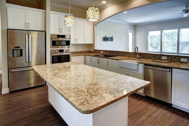 159 Alele Dr, Bastrop, TX 78602 - kitchen with stainless steel appliances, dark wood finished floors, light stone countertops, recessed lighting, and crown molding