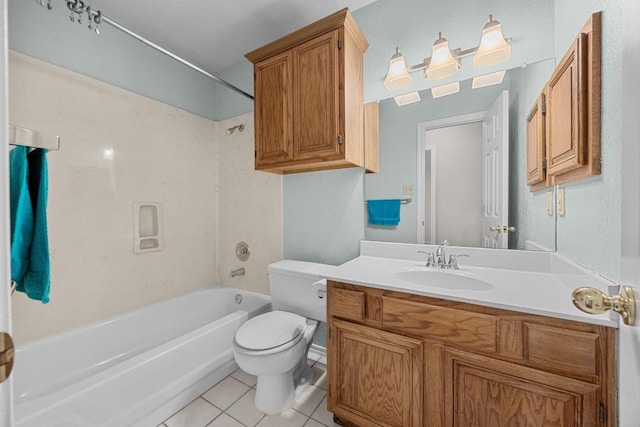 bathroom with tile patterned floors, vanity, shower / bath combination, and toilet