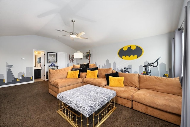 109 Lombardia Dr, Lakeway, TX 78734 - living room with lofted ceiling, carpet, and ceiling fan