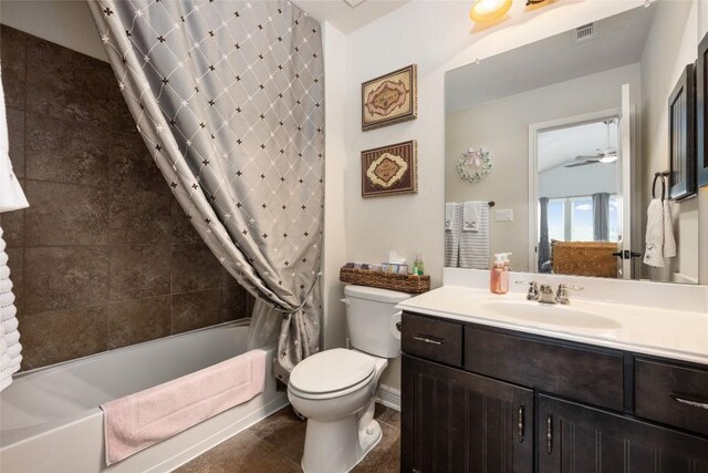 109 Lombardia Dr, Lakeway, TX 78734 - full bathroom featuring shower / bath combo, vanity, a ceiling fan, and tile patterned floors