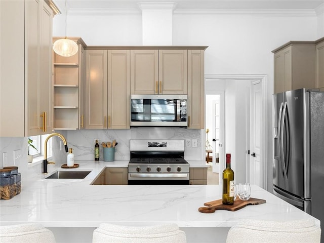 kitchen featuring ornamental molding, light stone countertops, decorative backsplash, stainless steel appliances, and a sink