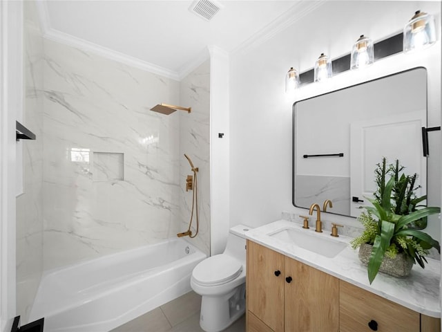 full bath with visible vents, toilet, crown molding, vanity, and shower / bathtub combination