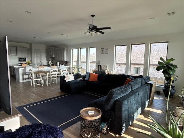 145 Cyrus Milton Dr, Buda, TX 78610 - living area with ceiling fan and wood finished floors