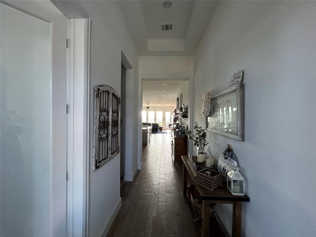 145 Cyrus Milton Dr, Buda, TX 78610 - hallway with hardwood / wood-style floors and a raised ceiling