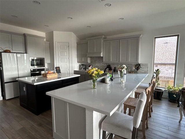 145 Cyrus Milton Dr, Buda, TX 78610 - kitchen featuring stainless steel appliances, a center island, dark wood-type flooring, tasteful backsplash, and gray cabinets