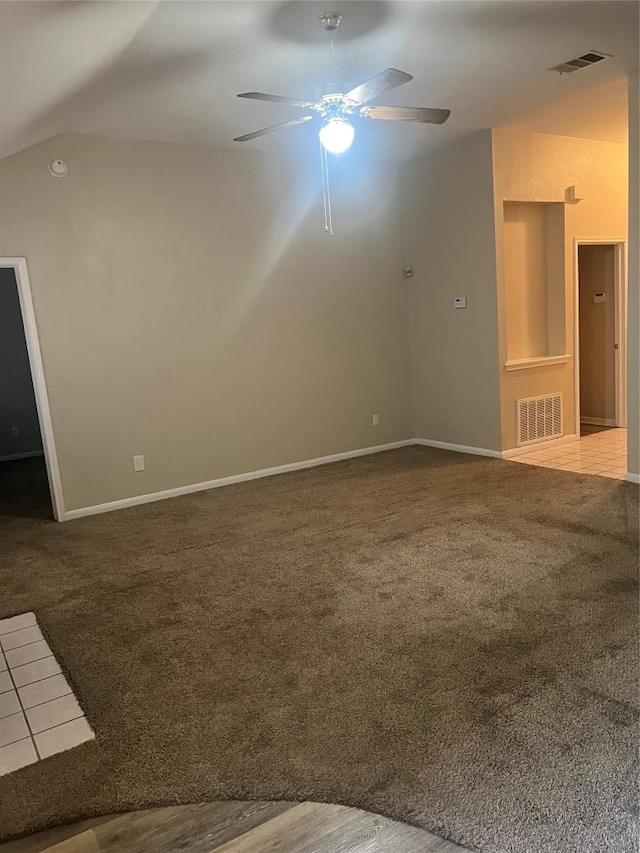 506 Clearcreek Dr, Leander, TX 78641 - empty room featuring vaulted ceiling, a ceiling fan, carpet, baseboards, and a smoke detector