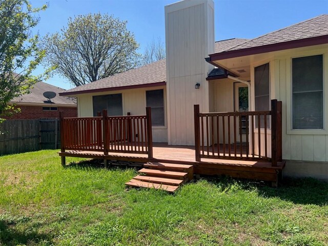 506 Clearcreek Dr, Leander, TX 78641 - rear view of property with a chimney, roof with shingles, and a deck