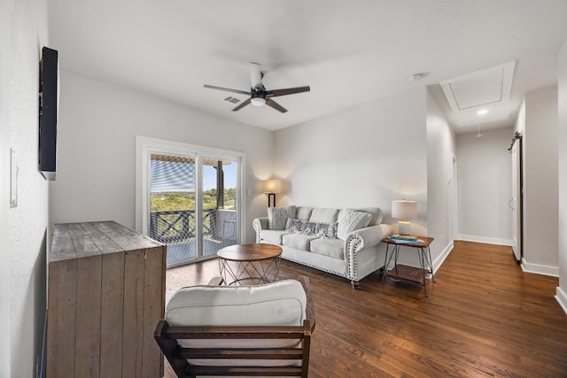 622 Galston Dr, Spicewood, TX 78669 - living room featuring attic access, ceiling fan, and wood finished floors