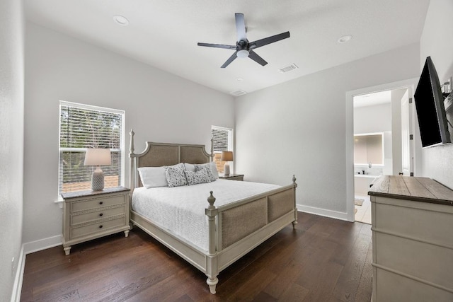 622 Galston Dr, Spicewood, TX 78669 - bedroom featuring dark wood finished floors, a ceiling fan, ensuite bathroom, and recessed lighting
