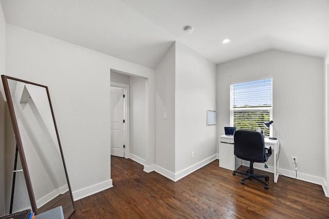 622 Galston Dr, Spicewood, TX 78669 - office featuring wood finished floors, vaulted ceiling, and recessed lighting