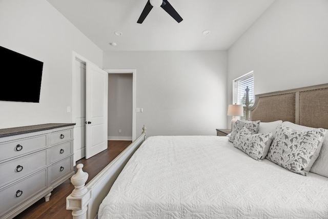 622 Galston Dr, Spicewood, TX 78669 - bedroom with dark wood-style flooring, ceiling fan, and recessed lighting