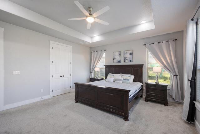 3401 Bandit Ct, Kempner, TX 76539 - bedroom with light colored carpet, a tray ceiling, and multiple windows