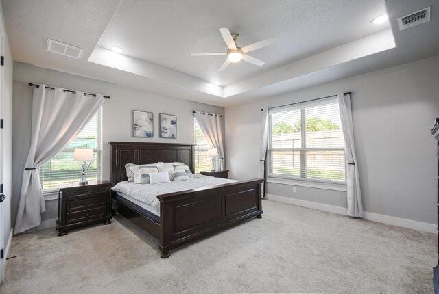 3401 Bandit Ct, Kempner, TX 76539 - bedroom featuring a raised ceiling, light colored carpet, and a ceiling fan