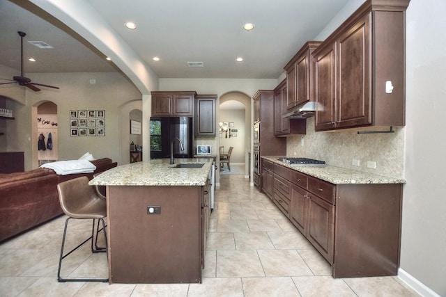 1706 Ambling Trl, Cedar Park, TX 78613 - kitchen with arched walkways, a sink, open floor plan, stainless steel appliances, and a kitchen bar
