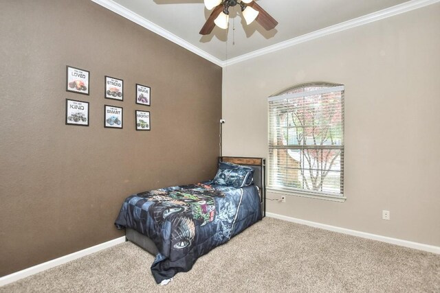 1706 Ambling Trl, Cedar Park, TX 78613 - carpeted bedroom with baseboards, ornamental molding, and ceiling fan