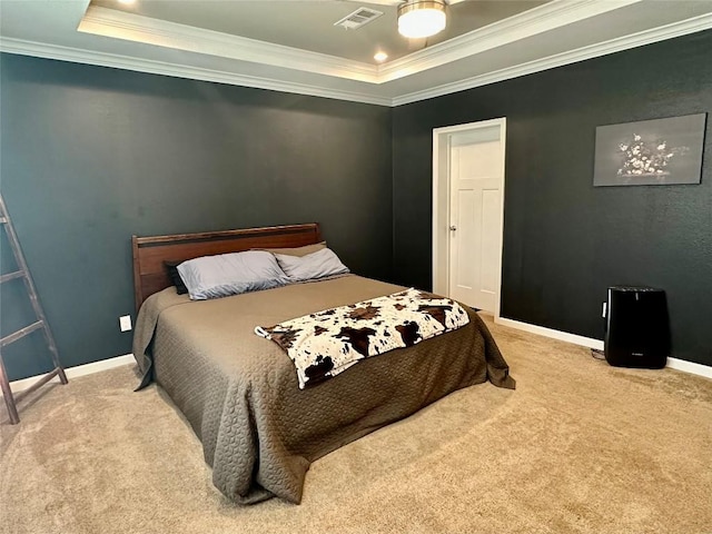 1021 Lewis Ln, Harwood, TX 78632 - bedroom featuring crown molding, a tray ceiling, and light colored carpet