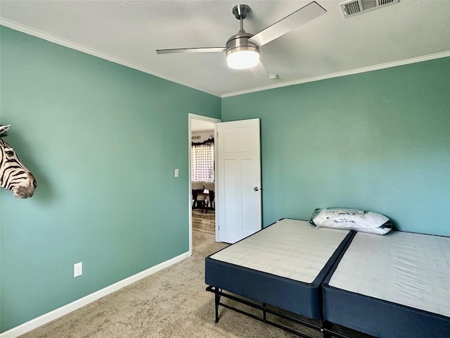 1021 Lewis Ln, Harwood, TX 78632 - carpeted bedroom with crown molding and a ceiling fan
