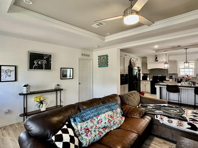 1021 Lewis Ln, Harwood, TX 78632 - living room with a raised ceiling, ceiling fan, light wood-style floors, and ornamental molding