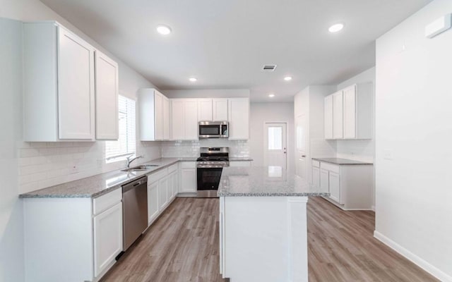 510 Timber Brook Dr, Hutto, TX 78634 - kitchen featuring light stone counters, stainless steel appliances, light wood finished floors, and a sink