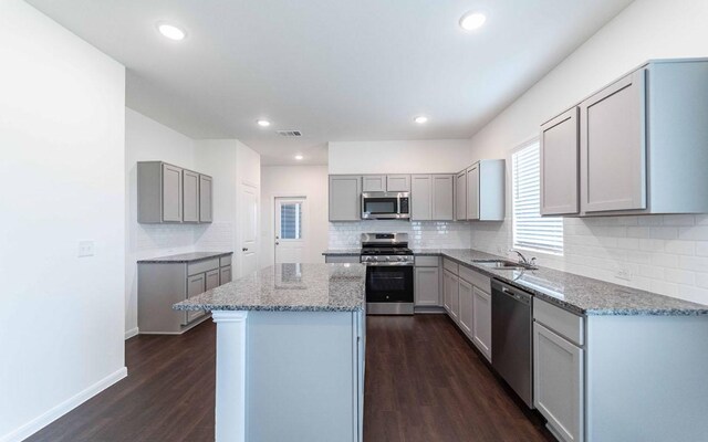 108 Biscayne Dr, Hutto, TX 78634 - kitchen featuring stainless steel appliances, a sink, light stone countertops, a center island, and gray cabinetry