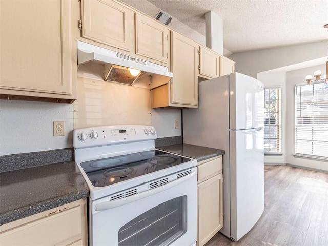 9624 Sugar Hill Dr Unit A & B, Austin, TX 78748 - kitchen featuring white appliances, under cabinet range hood, dark countertops, wood finished floors, and a textured ceiling