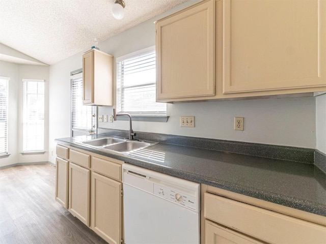 9624 Sugar Hill Dr Unit A & B, Austin, TX 78748 - kitchen featuring white dishwasher, a textured ceiling, wood finished floors, dark countertops, and vaulted ceiling