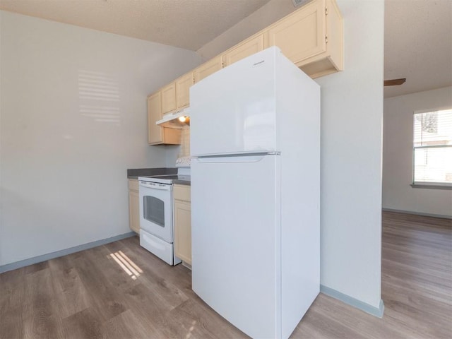 9624 Sugar Hill Dr Unit A & B, Austin, TX 78748 - kitchen with white appliances, light wood-style floors, under cabinet range hood, dark countertops, and vaulted ceiling