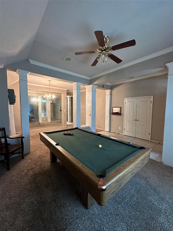 1710 Muledeer Run, Leander, TX 78641 - game room featuring pool table, crown molding, a ceiling fan, carpet, and ornate columns