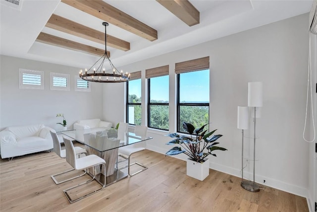 19605 Summit Glory Trl Unit 107, Spicewood, TX 78669 - dining area with light wood-style flooring, visible vents, a chandelier, baseboards, and beam ceiling