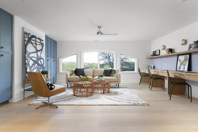 2809 Waterbank Cv, Austin, TX 78746 - living room featuring light wood finished floors, an office area, vaulted ceiling, and a ceiling fan