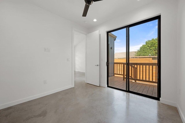 empty room with baseboards, ceiling fan, recessed lighting, and finished concrete floors