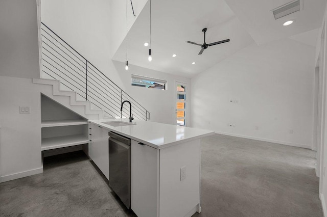 kitchen featuring a ceiling fan, visible vents, a sink, light countertops, and concrete floors