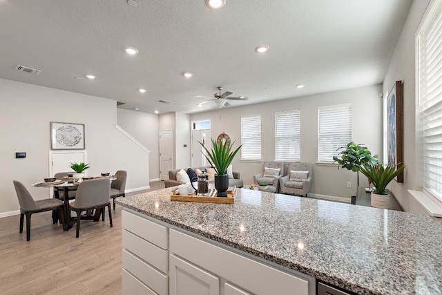 9015 Cattle Baron Path Unit 504, Austin, TX 78747 - kitchen with a ceiling fan, light stone countertops, light wood finished floors, open floor plan, and recessed lighting