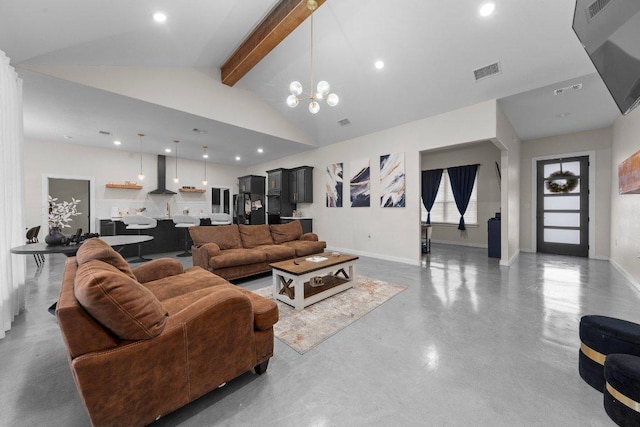 7143 Kc Ranch Ct, Temple, TX 76501 - living area with baseboards, recessed lighting, concrete flooring, visible vents, and vaulted ceiling with beams