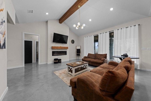 7143 Kc Ranch Ct, Temple, TX 76501 - living room featuring beamed ceiling, finished concrete floors, a glass covered fireplace, visible vents, and baseboards